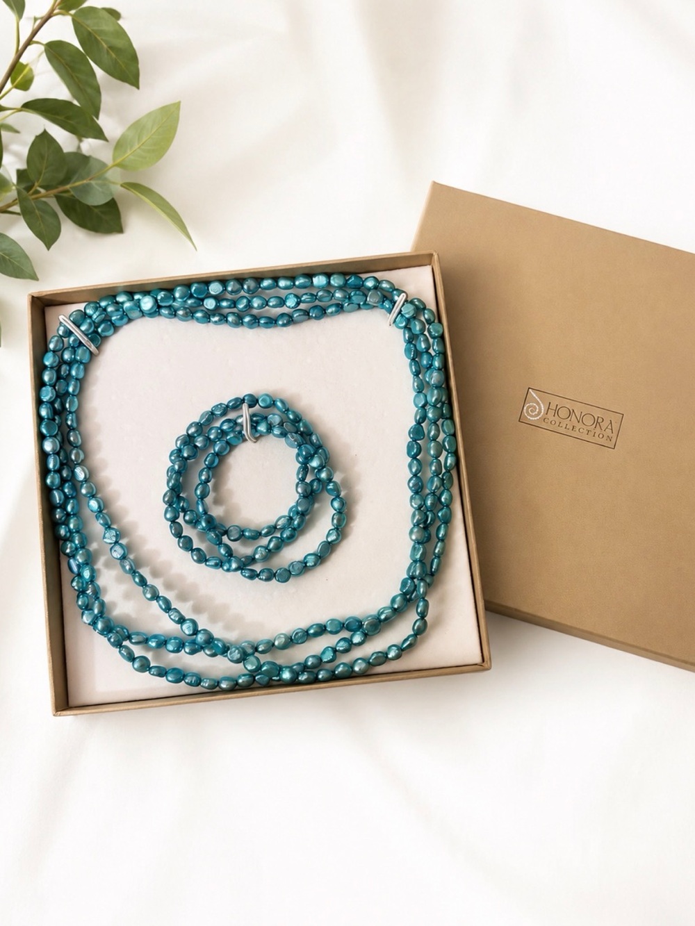 Vintage Y2K Honora Teal Pearl Multi-Strand Necklace with Matching Bracelet